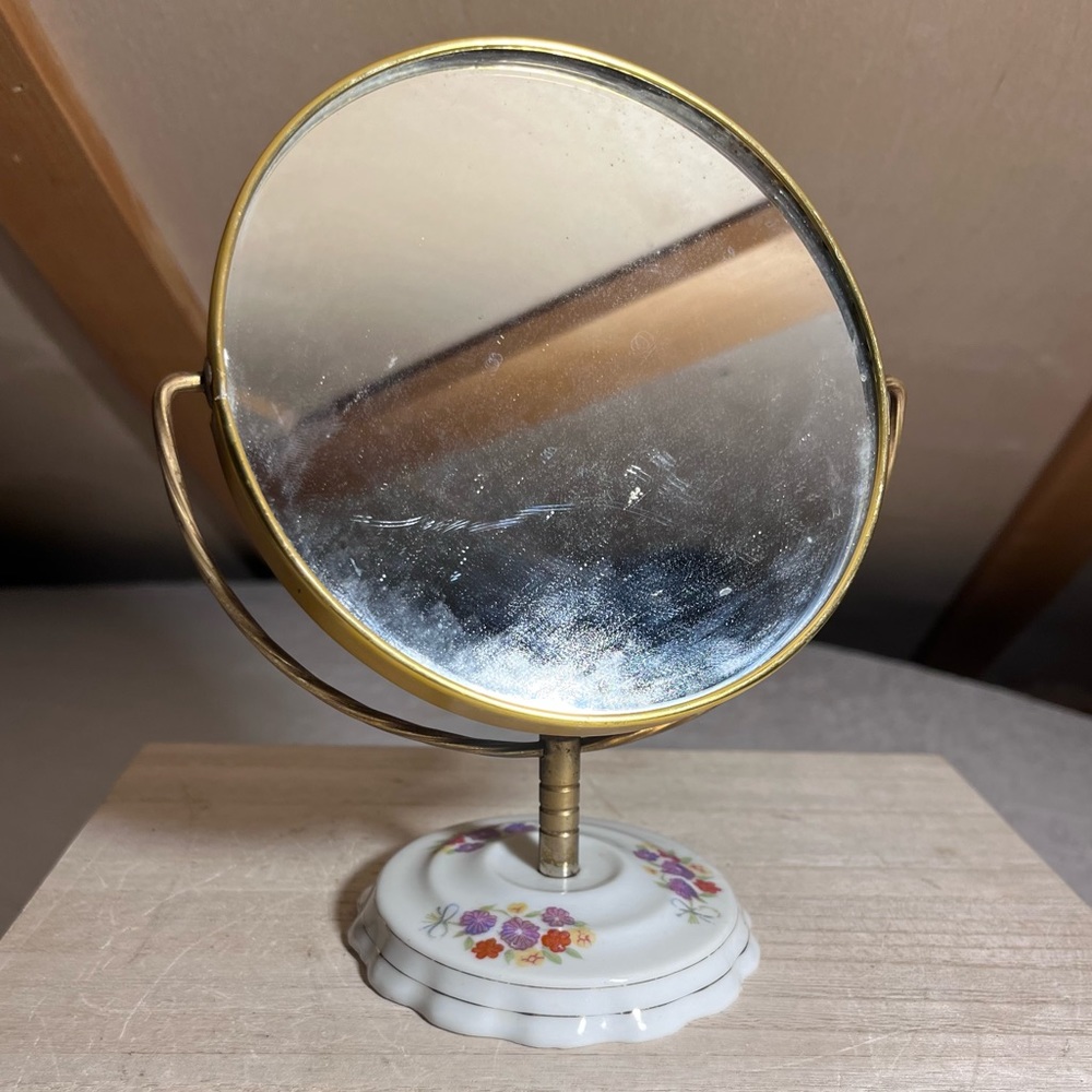 Vintage Vanity Mirror with Painted Porcelain Base